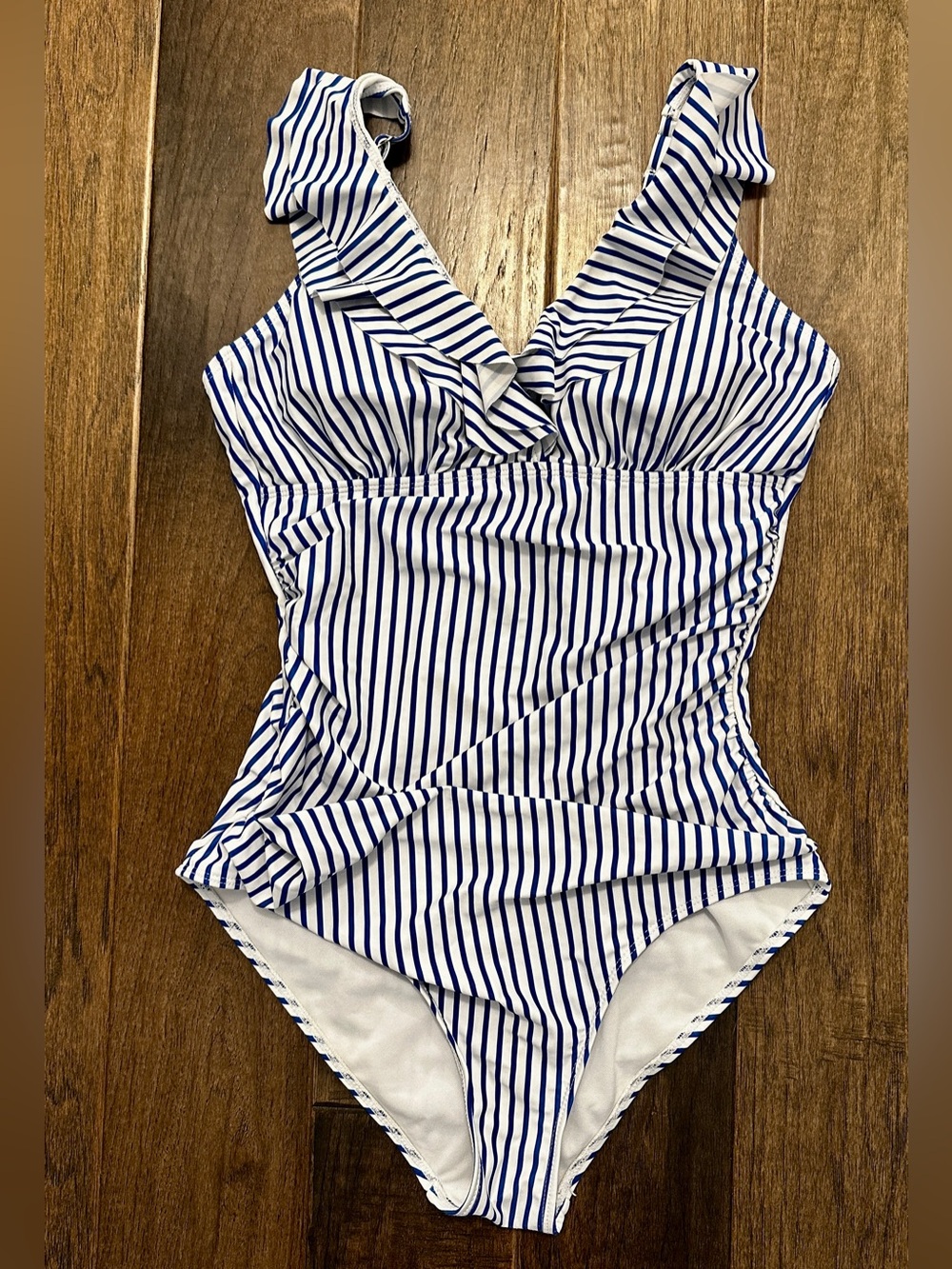 Cupshe Blue and White Striped Ruffle One-Piece Swimsuit